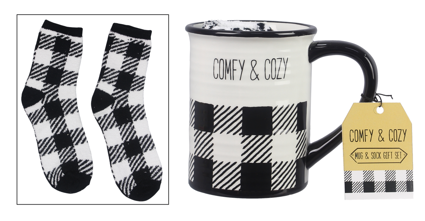 Ceramic Black and White Buffalo Plaid Socks in a Mug Gift Se