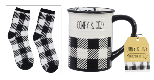 Ceramic Black and White Buffalo Plaid Socks in a Mug Gift Se